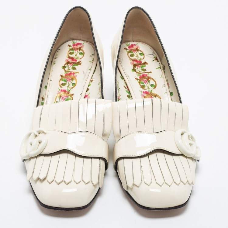Pre Owned Gucci Cream Patent Leather Double G Fringes Mid Heel Pumps Size 37.5