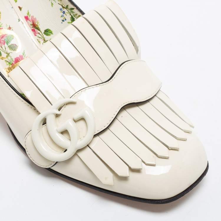 Pre Owned Gucci Cream Patent Leather Double G Fringes Mid Heel Pumps Size 37.5