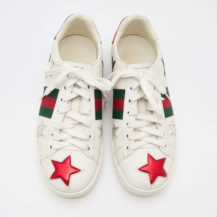 مملوكة مسبقًا Gucci White Leather Metallic Stars Ace Low Top Sneakers Size 36