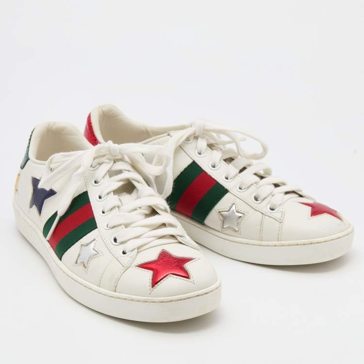 مملوكة مسبقًا Gucci White Leather Metallic Stars Ace Low Top Sneakers Size 36