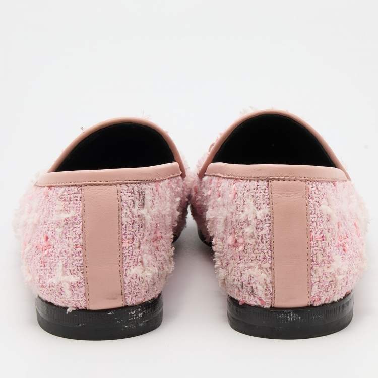 Pre Owned Gucci Light Pink Tweed and Leather Horsebit Jordaan Slip On Loafers Size 37