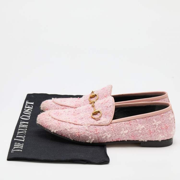 Pre Owned Gucci Light Pink Tweed and Leather Horsebit Jordaan Slip On Loafers Size 37