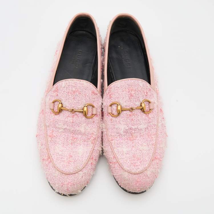Pre Owned Gucci Light Pink Tweed and Leather Horsebit Jordaan Slip On Loafers Size 37