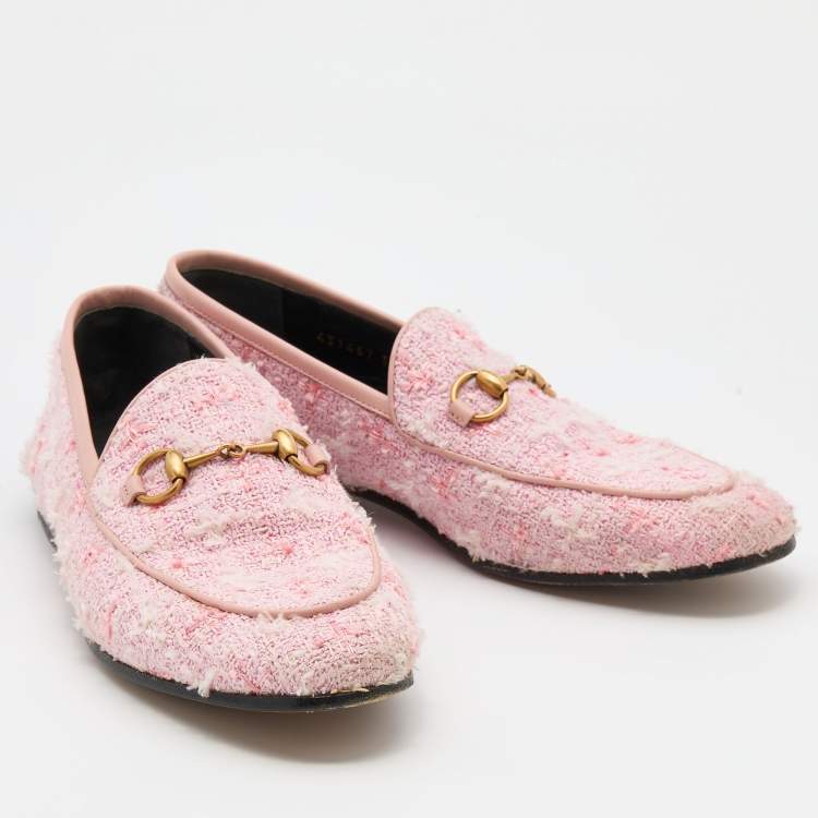 Pre Owned Gucci Light Pink Tweed and Leather Horsebit Jordaan Slip On Loafers Size 37