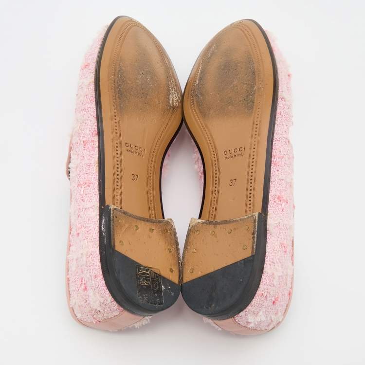 Pre Owned Gucci Light Pink Tweed and Leather Horsebit Jordaan Slip On Loafers Size 37