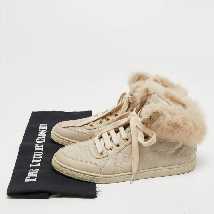 Pre Owned Gucci Cream Guccissima Leather and Fur High Top Sneakers Size 38