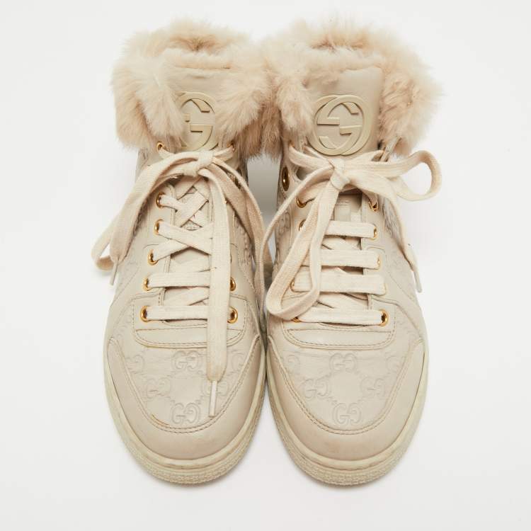 Pre Owned Gucci Cream Guccissima Leather and Fur High Top Sneakers Size 38
