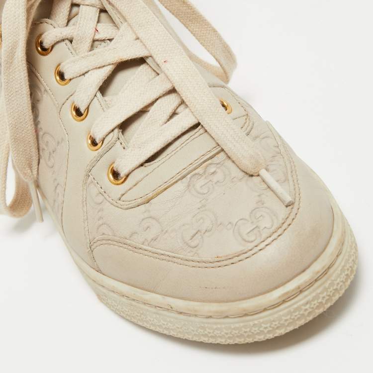 Pre Owned Gucci Cream Guccissima Leather and Fur High Top Sneakers Size 38