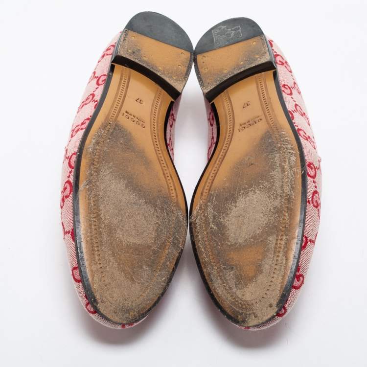 Pre Owned Gucci Red GG Canvas And Leather Horsebit Slip On Loafers Size 37