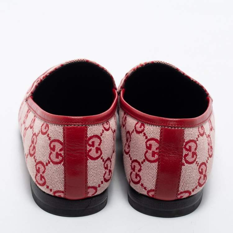 Pre Owned Gucci Red GG Canvas And Leather Horsebit Slip On Loafers Size 37