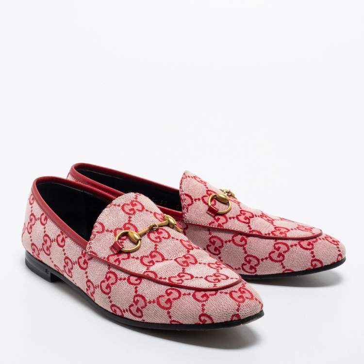 Pre Owned Gucci Red GG Canvas And Leather Horsebit Slip On Loafers Size 37