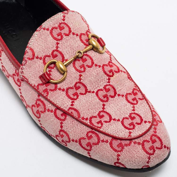 Pre Owned Gucci Red GG Canvas And Leather Horsebit Slip On Loafers Size 37