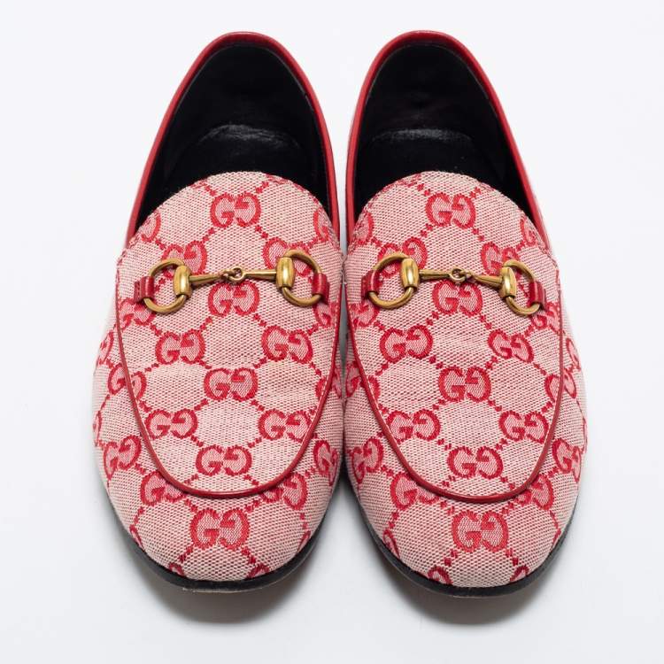 Pre Owned Gucci Red GG Canvas And Leather Horsebit Slip On Loafers Size 37