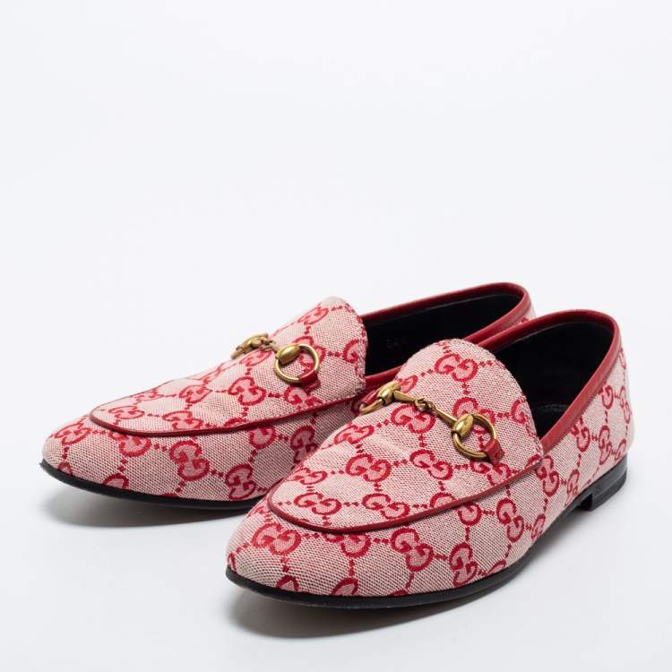 Pre Owned Gucci Red GG Canvas And Leather Horsebit Slip On Loafers Size 37