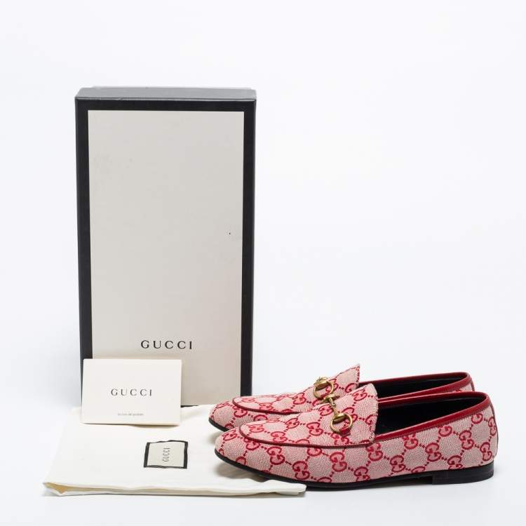 Pre Owned Gucci Red GG Canvas And Leather Horsebit Slip On Loafers Size 37