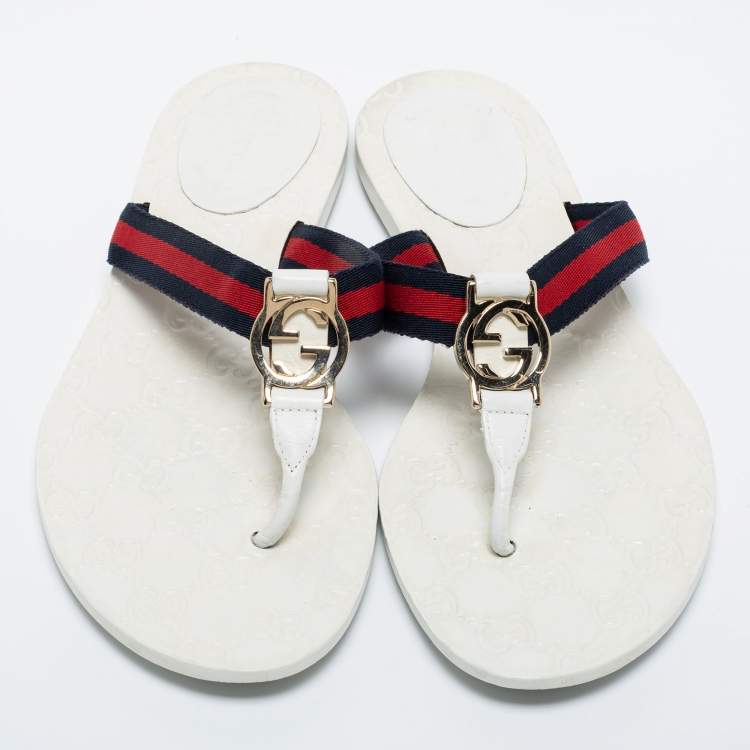 Pre Owned Gucci White Leather GG Web Thong Flats Size 37.5