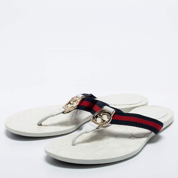 Pre Owned Gucci White Leather GG Web Thong Flats Size 37.5
