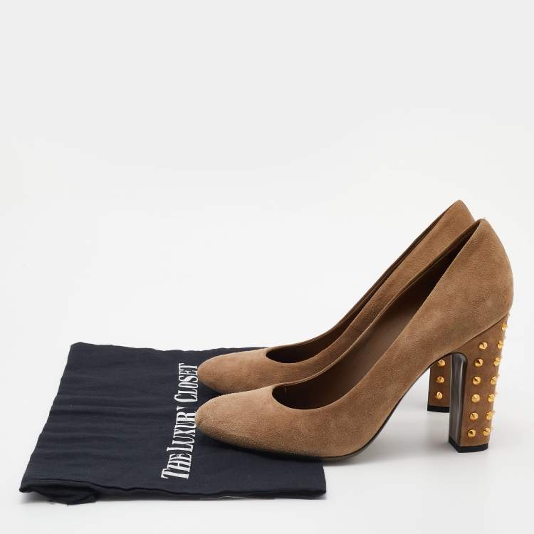 مملوكة مسبقًا Gucci Brown Suede Studded Block Heel Pumps Size 38.5