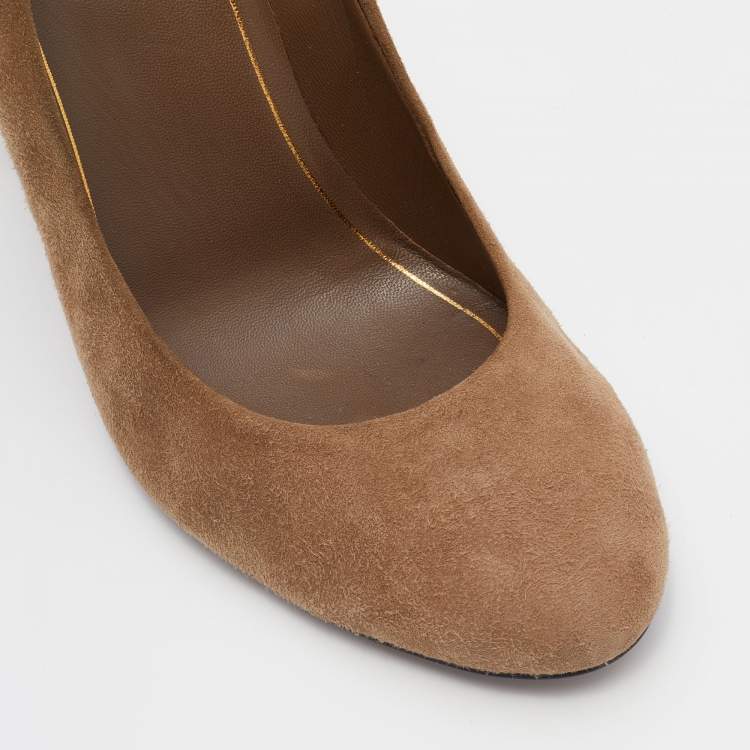 مملوكة مسبقًا Gucci Brown Suede Studded Block Heel Pumps Size 38.5