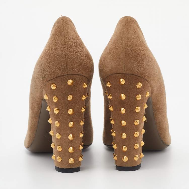 مملوكة مسبقًا Gucci Brown Suede Studded Block Heel Pumps Size 38.5