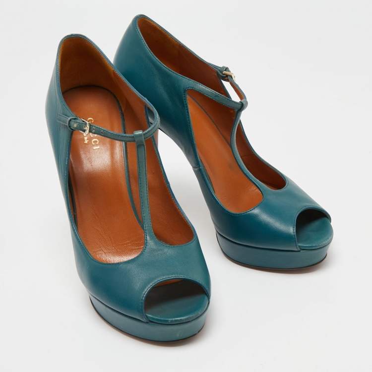 Pre Owned Gucci Teal Leather Betty T-Strap Platform Pumps Size 38