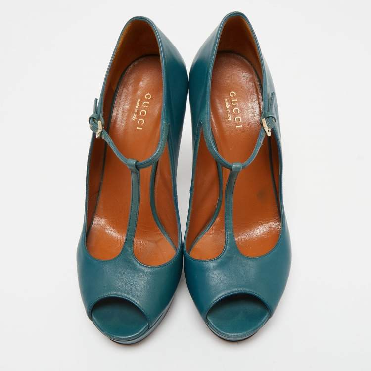 Pre Owned Gucci Teal Leather Betty T-Strap Platform Pumps Size 38