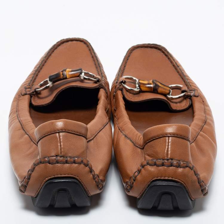 Pre Owned Gucci Brown Leather Bamboo Horsebit Slip on Loafers Size 39.5