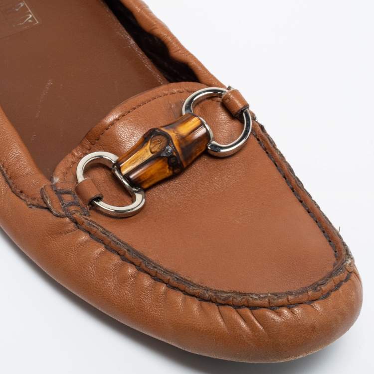 Pre Owned Gucci Brown Leather Bamboo Horsebit Slip on Loafers Size 39.5