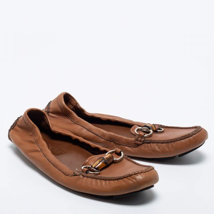 Pre Owned Gucci Brown Leather Bamboo Horsebit Slip on Loafers Size 39.5