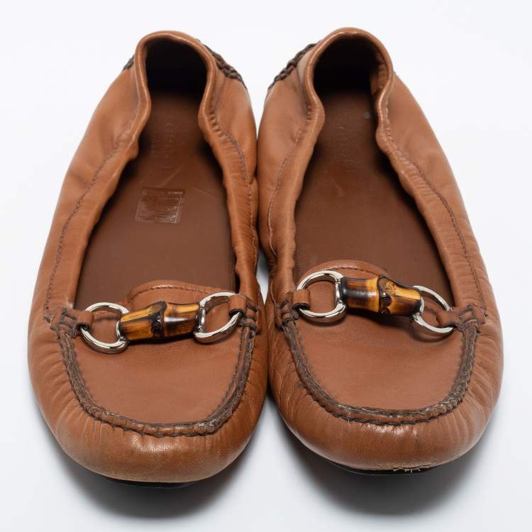 Pre Owned Gucci Brown Leather Bamboo Horsebit Slip on Loafers Size 39.5