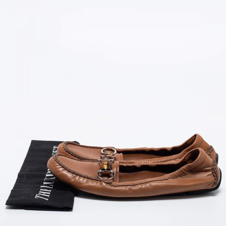 Pre Owned Gucci Brown Leather Bamboo Horsebit Slip on Loafers Size 39.5