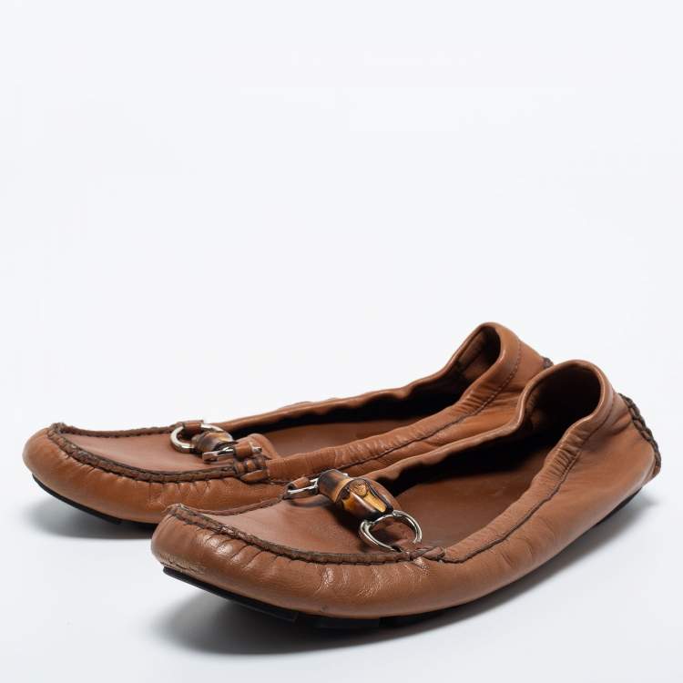 Pre Owned Gucci Brown Leather Bamboo Horsebit Slip on Loafers Size 39.5