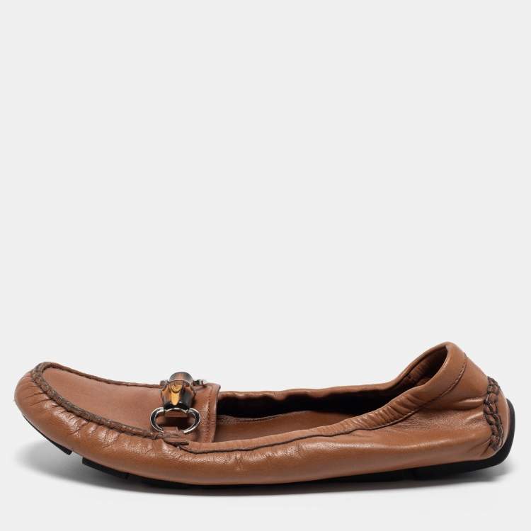 Pre Owned Gucci Brown Leather Bamboo Horsebit Slip on Loafers Size 39.5