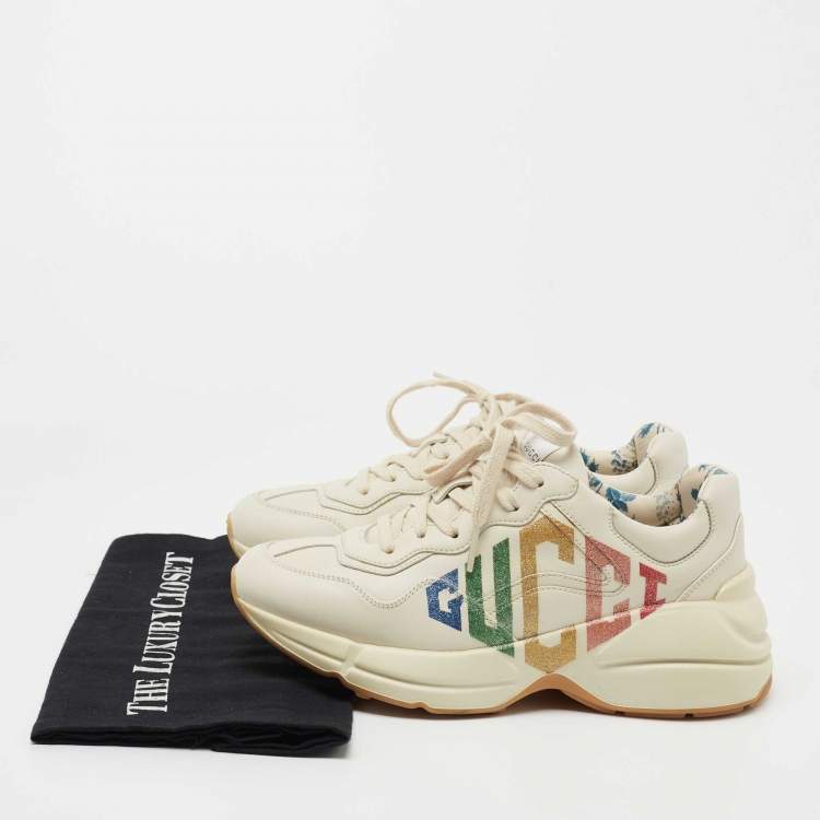 Pre Owned Gucci Cream Leather Rhyton Glitter Logo Sneakers Size 36