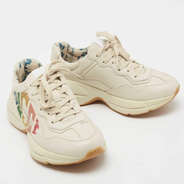 Pre Owned Gucci Cream Leather Rhyton Glitter Logo Sneakers Size 36