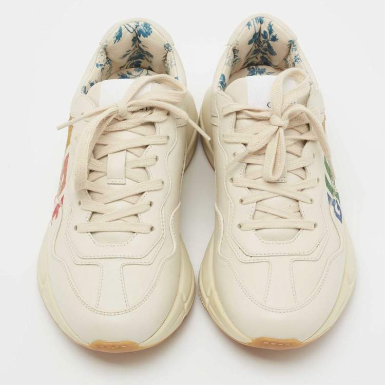 Pre Owned Gucci Cream Leather Rhyton Glitter Logo Sneakers Size 36