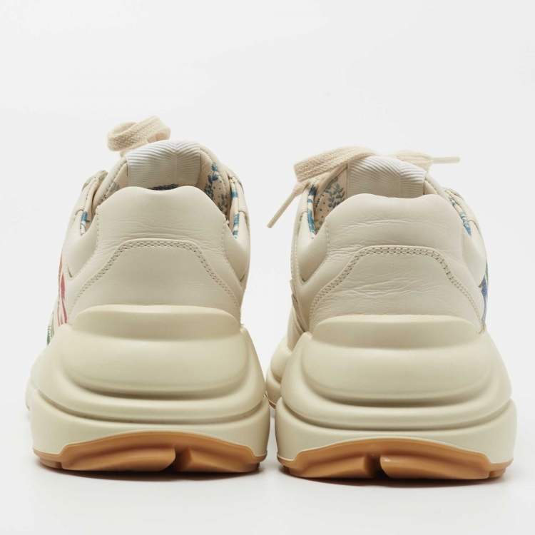 Pre Owned Gucci Cream Leather Rhyton Glitter Logo Sneakers Size 36