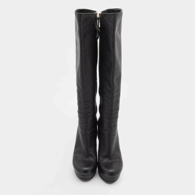 Pre Owned Gucci Black Leather Knee Length Boots Size 38