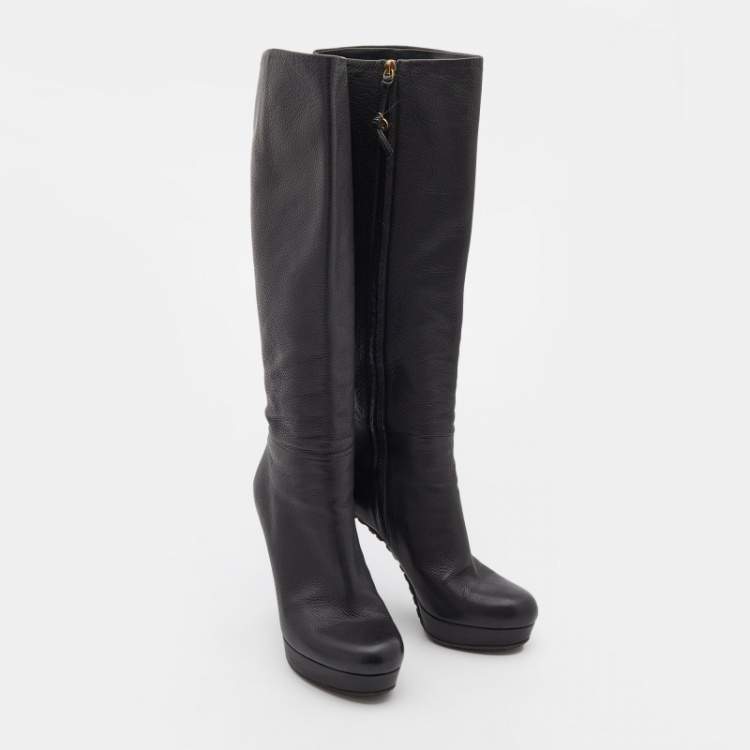 Pre Owned Gucci Black Leather Knee Length Boots Size 38