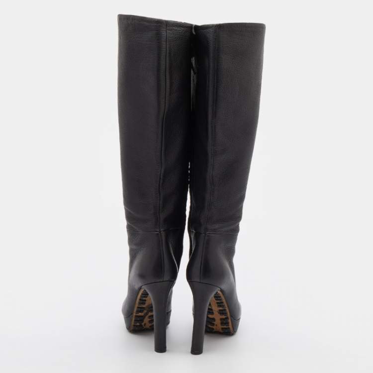 Pre Owned Gucci Black Leather Knee Length Boots Size 38
