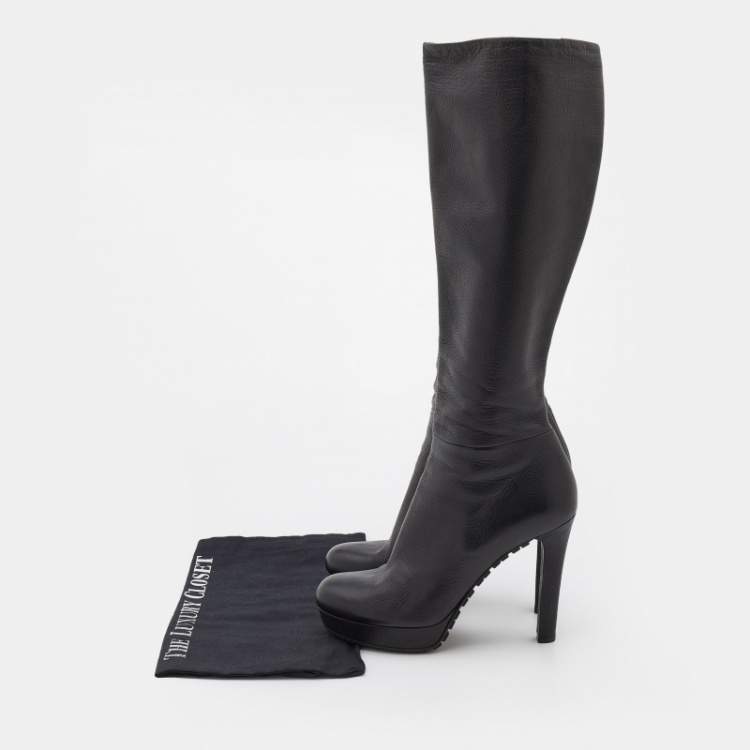 Pre Owned Gucci Black Leather Knee Length Boots Size 38