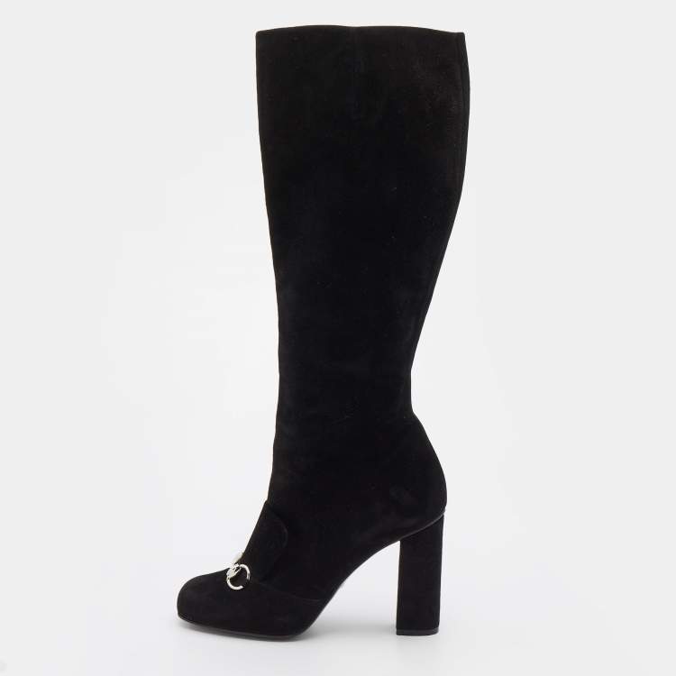 Pre Owned Gucci Black Suede Horsebit Knee Length Boots Size 38