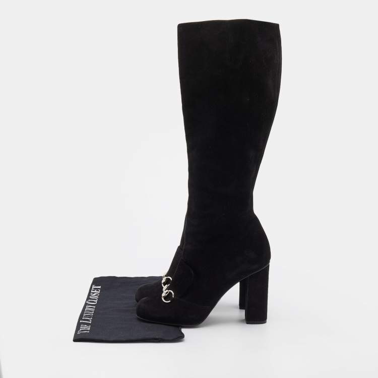 Pre Owned Gucci Black Suede Horsebit Knee Length Boots Size 38