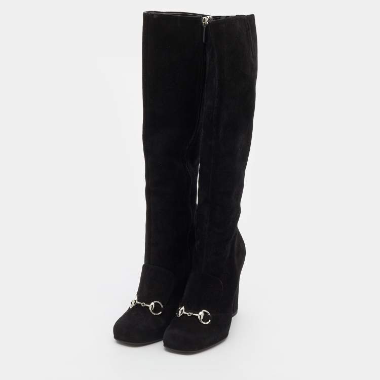 Pre Owned Gucci Black Suede Horsebit Knee Length Boots Size 38