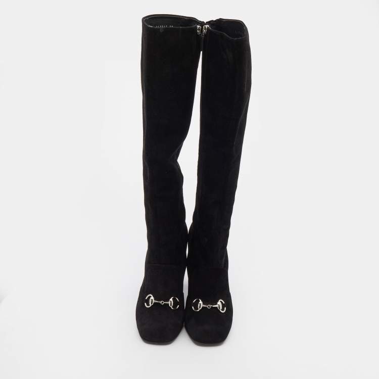 Pre Owned Gucci Black Suede Horsebit Knee Length Boots Size 38