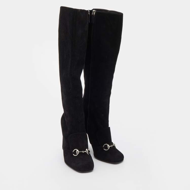 Pre Owned Gucci Black Suede Horsebit Knee Length Boots Size 38