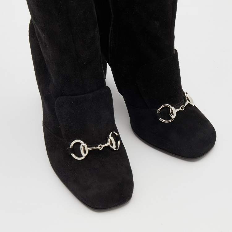 Pre Owned Gucci Black Suede Horsebit Knee Length Boots Size 38