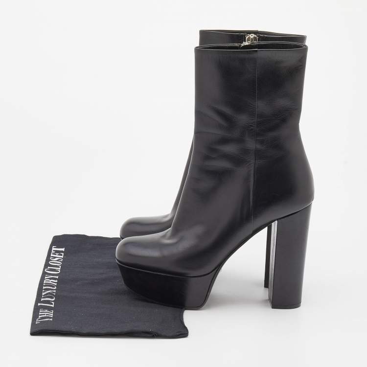 Pre Owned Gucci Black Leather Platform Ankle Length Boots Size 38