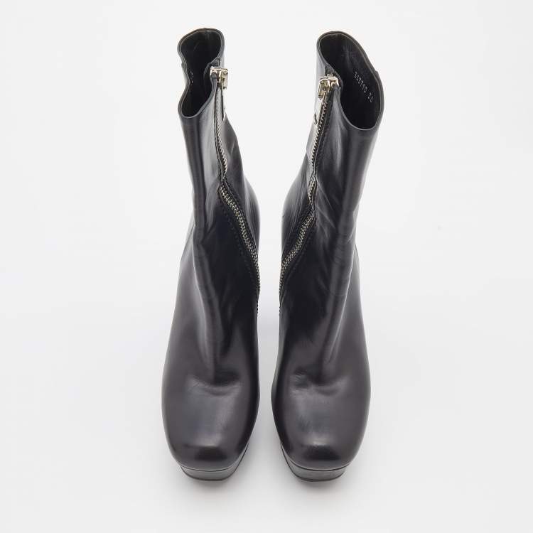 Pre Owned Gucci Black Leather Platform Ankle Length Boots Size 38