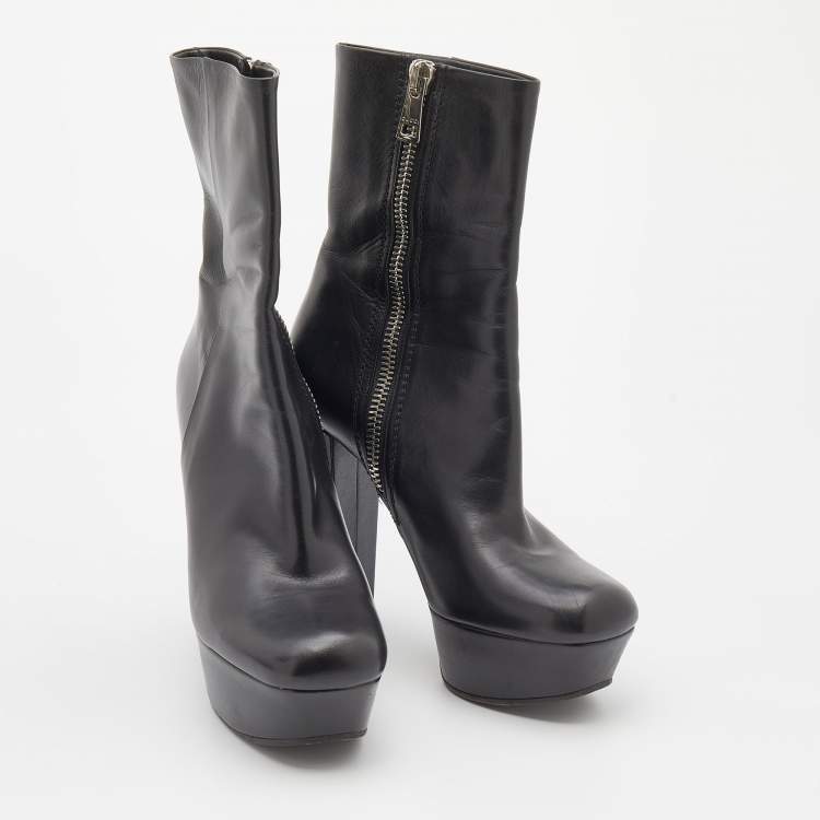 Pre Owned Gucci Black Leather Platform Ankle Length Boots Size 38